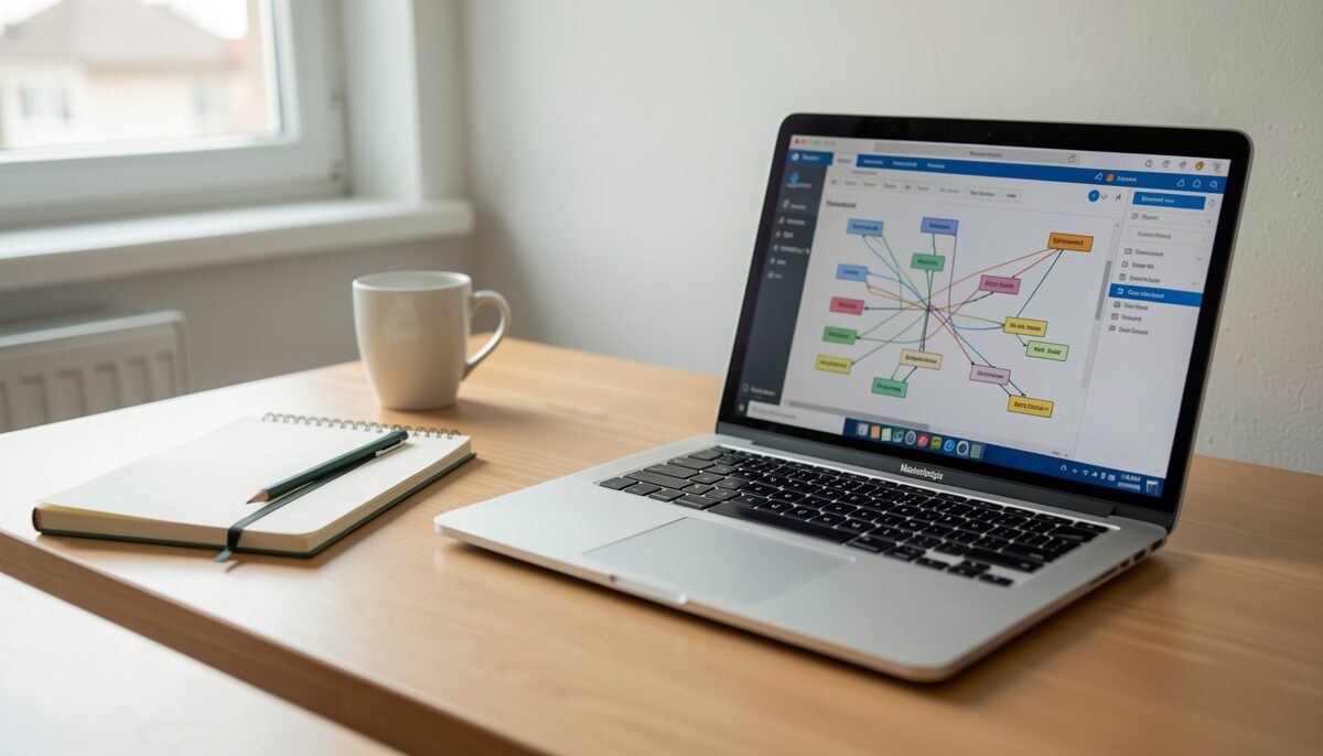 Ein Schreibtisch mit einem Notizbuch, Bleistift und einem Laptop, auf dem eine Genealogie-Software zu sehen ist.