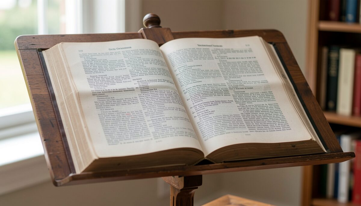 Ein etymologisches Wörterbuch auf einem Lesepult, aufgeschlagen bei einem Eintrag zu Ortsnamen.
