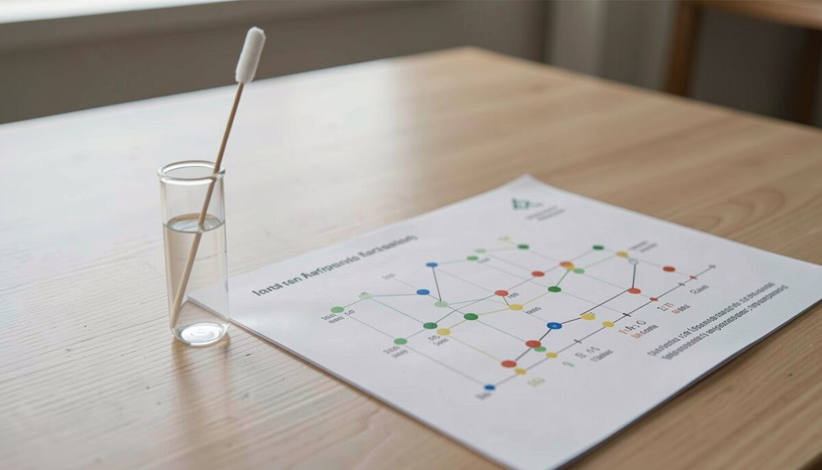 Ein Laborröhrchen mit Wattestäbchen und ein Diagramm mit genetischen Markern auf einem Tisch.