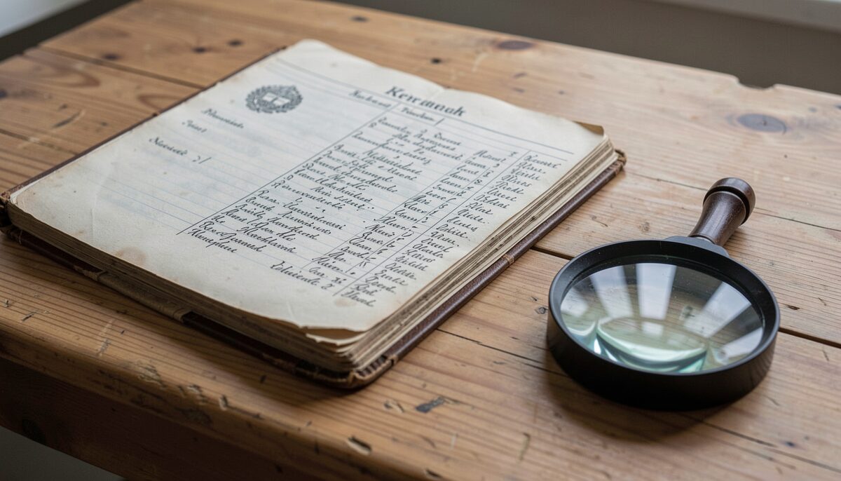 Nahaufnahme eines historischen Kirchenbuches mit handschriftlichen Namenseinträgen, daneben eine Lupe auf einem Holztisch.