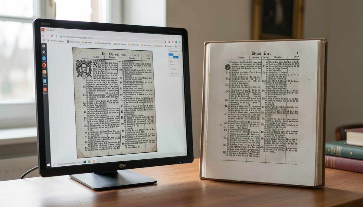 Bildschirm mit einer digitalisierten Kirchenbuchseite, daneben ein Ausdruck derselben Seite.