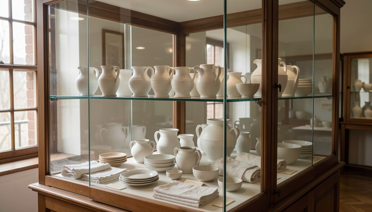 Historische weisse Keramik und Stoffe in einer Museumsvitrine.