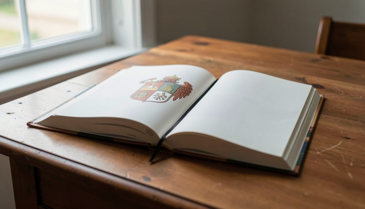 Ein Wappenbuch auf einem Tisch, aufgeschlagen bei einer Seite mit weissem Schild.