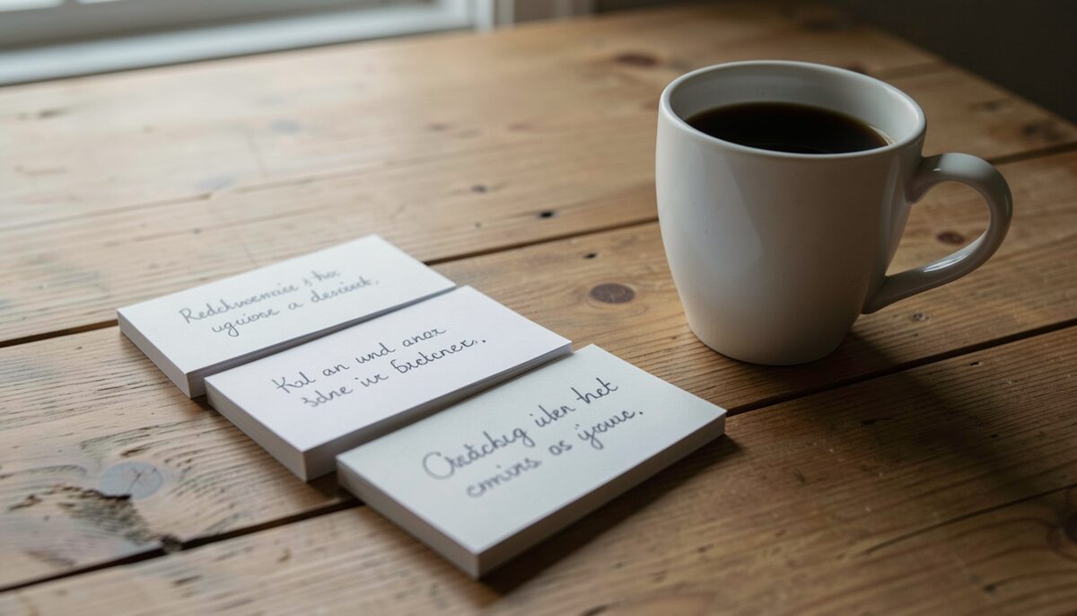 Handgeschriebene Karteikarten mit Redewendungen auf einem Tisch, daneben eine Tasse Kaffee.