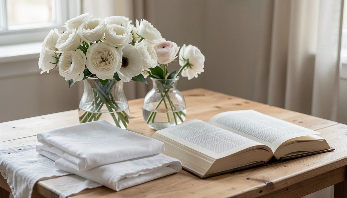Weisse Textilien und Blumen arrangiert auf einem Tisch, daneben ein aufgeschlagenes Buch.